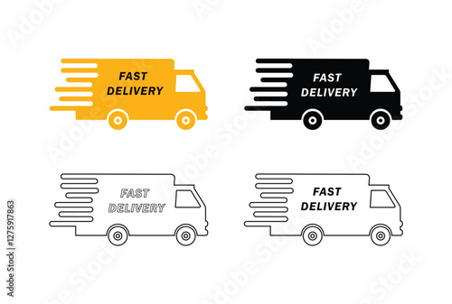 Fast delivery speedy trucks. Fast moving trucks for product delivery. High quality vector set.