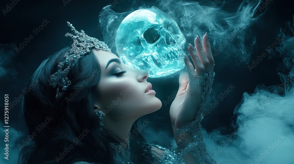figure adorned with a crown delicately touches a translucent skull, surrounded by swirling smoke. mood evokes a sense of mystery and enchantment fit for a fantasy celebration figure adorned with a crown delicately touches a translucent skull, surrounded by swirling smoke. mood evokes a sense of mystery and enchantment fit for a fantasy celebration