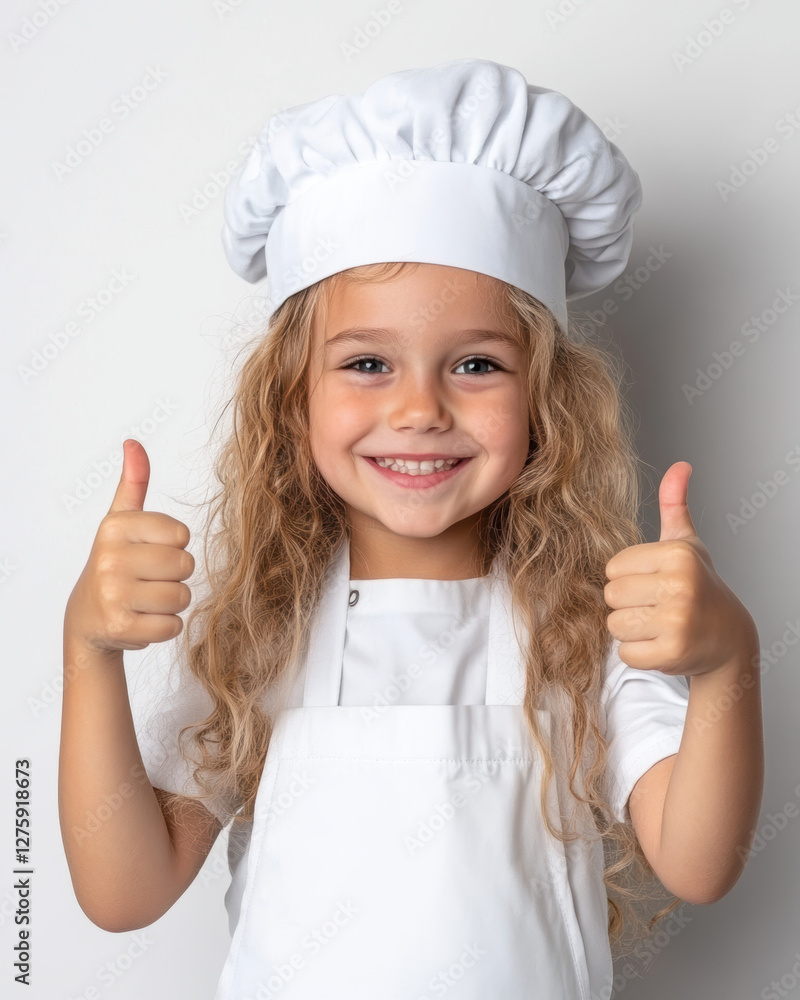 Enfant en tenue de chef avec un tablier blanc, pouce levé Enfant en tenue de chef avec un tablier blanc, pouce levé