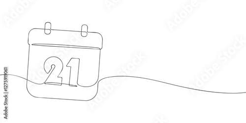 Simple one-line drawing of a desk calendar displaying twenty first day of the month. The minimalistic design represents new beginnings, celebrations, and planning. Vector illustration.