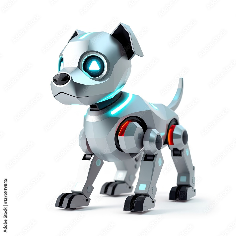 A Futuristic Robotic Puppy Stands On A White Background A Futuristic Robotic Puppy Stands On A White Background