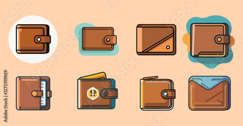 Sets icon collection of collection different brown leather wallet icons, each with unique designs and features, set against a light peach background