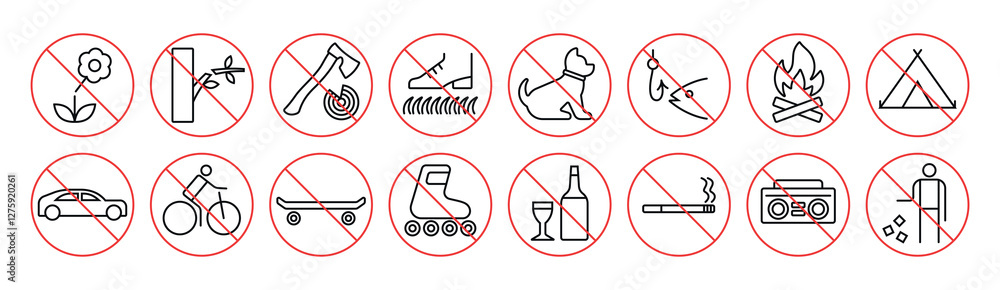 Fototapeta premium Park prohibition signs line icons editable stroke hand drawn vector objects use for digital designs brochures informational signage in outdoor environments