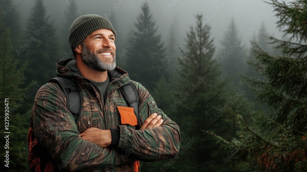 man stands confidently in a lush green forest, smiling and enjoying the misty morning atmosphere. He is dressed in outdoor gear, blending effortlessly with the natural surroundings man stands confidently in a lush green forest, smiling and enjoying the misty morning atmosphere. He is dressed in outdoor gear, blending effortlessly with the natural surroundings