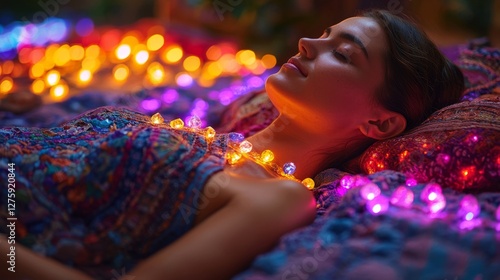 A crystal healing session, where a healer places chakra stones on a persons body, with vibrant light radiating from the stones aligned on each chakra point photo