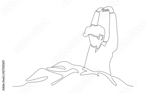 Continuous one line drawing of man stretching on the bed after waking up, wake up concept, single line art