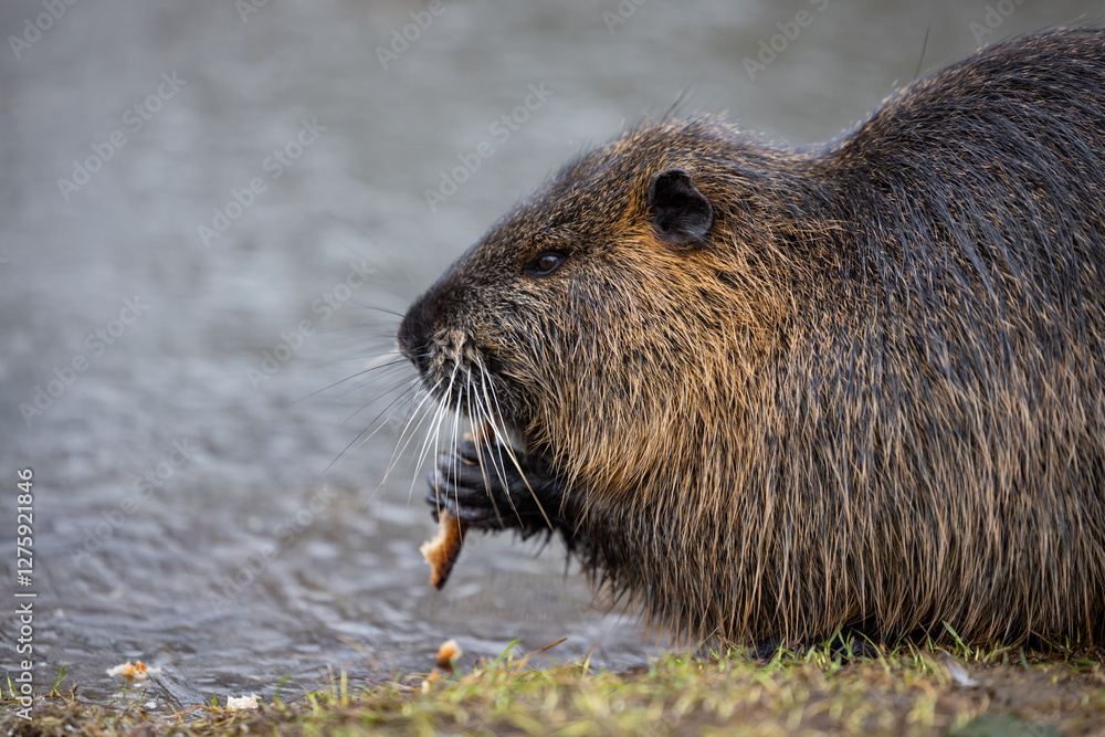A nutria or coypu (Myocastor coypus) nibbles on a slice of bread on the bank of a pond A nutria or coypu (Myocastor coypus) nibbles on a slice of bread on the bank of a pond