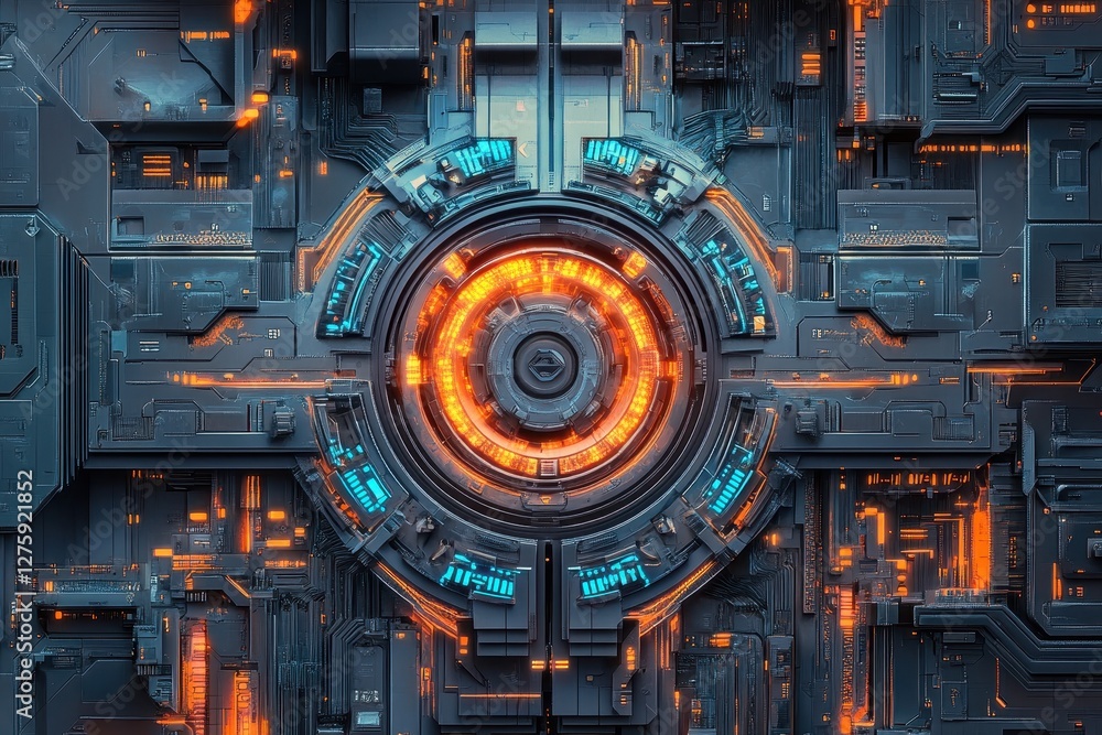 Fototapeta premium Futuristic tech panel with glowing core, orange and blue accents. Ideal for sci-fi, technology, or energy themed projects, websites, and presentations.
