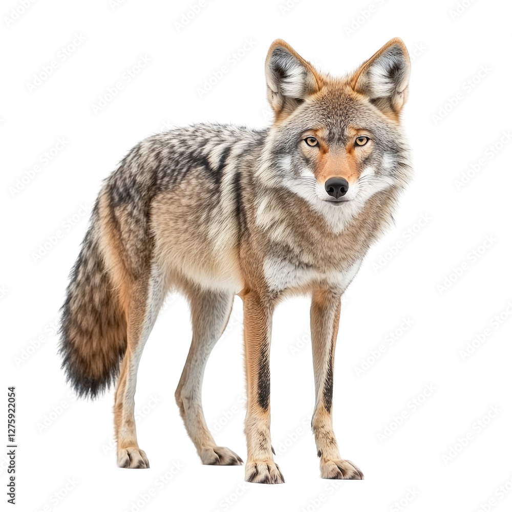 Coyote standing alert in natural habitat, observing surroundings isolated on png transparent background, cut out Coyote standing alert in natural habitat, observing surroundings isolated on png transparent background, cut out