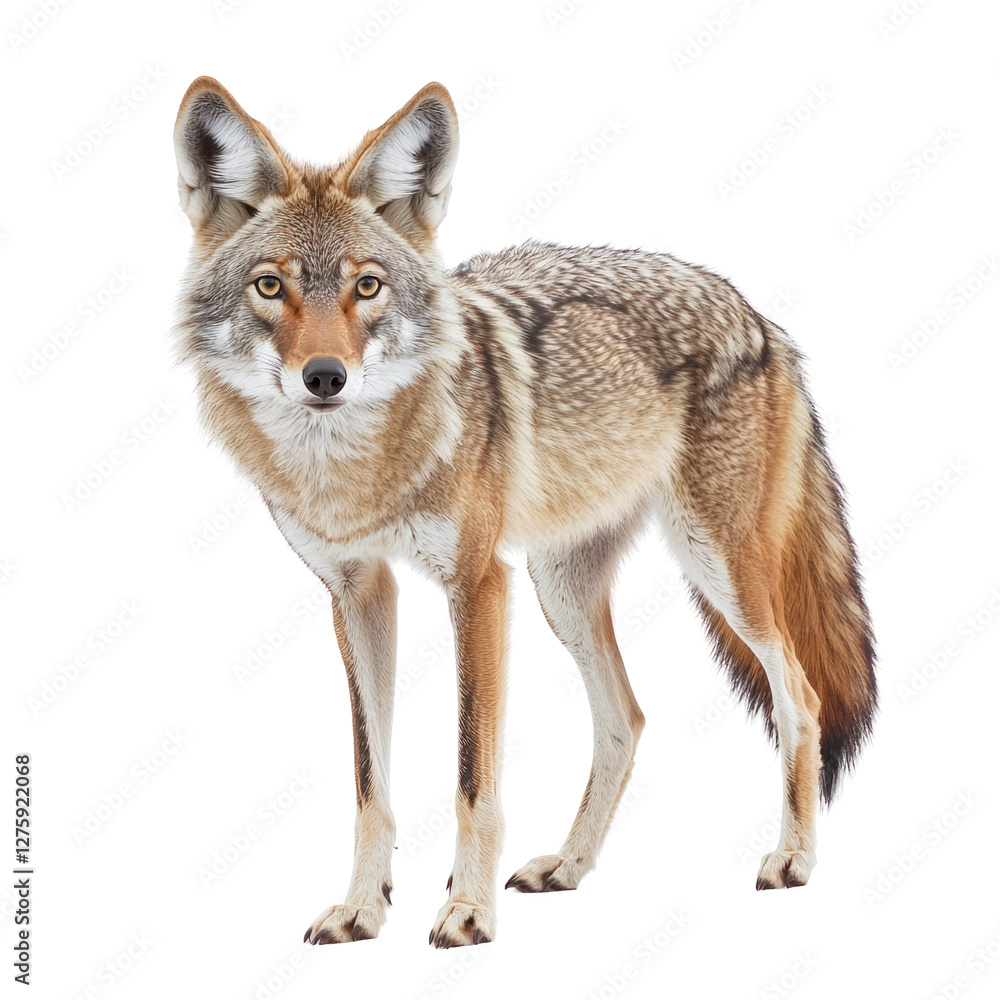 Fototapeta premium Coyote standing alert in natural environment isolated on png transparent background, cut out