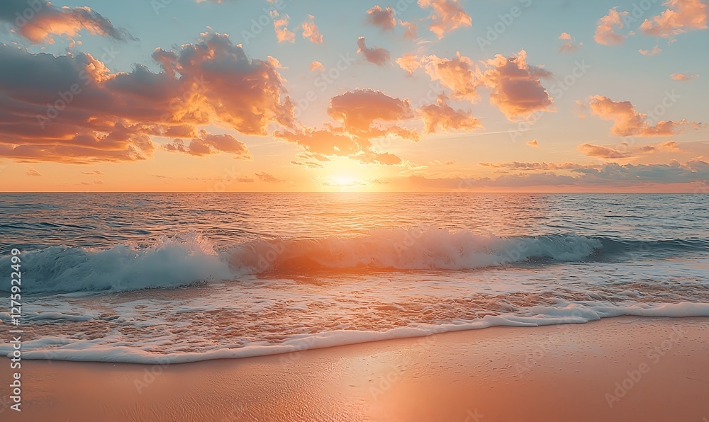 Sunrise on the beach with gentle waves and golden skies in soft pinks and oranges Sunrise on the beach with gentle waves and golden skies in soft pinks and oranges