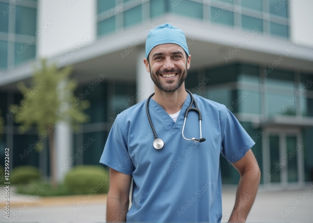 Smiling Medical Professional Standing Outside Hospital Smiling Medical Professional Standing Outside Hospital