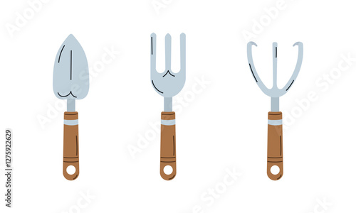 Set of garden tools in vector flat style. Isolated on white background. Collection of gardening little spade, fork and rake.