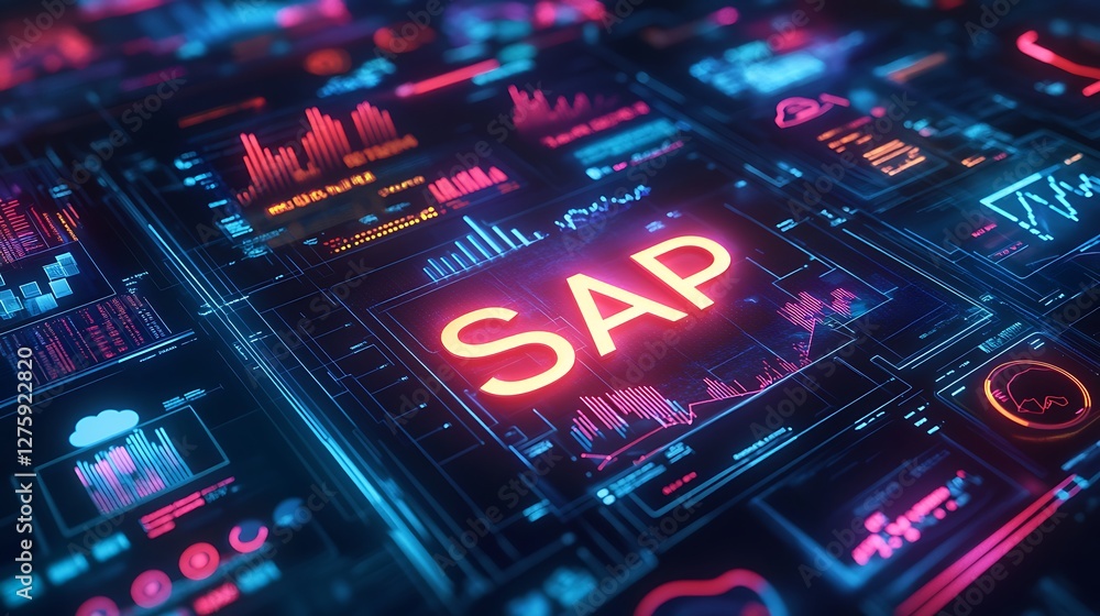 Obraz premium Futuristic digital interface featuring glowing text and vibrant design elements for technology and innovation themes.