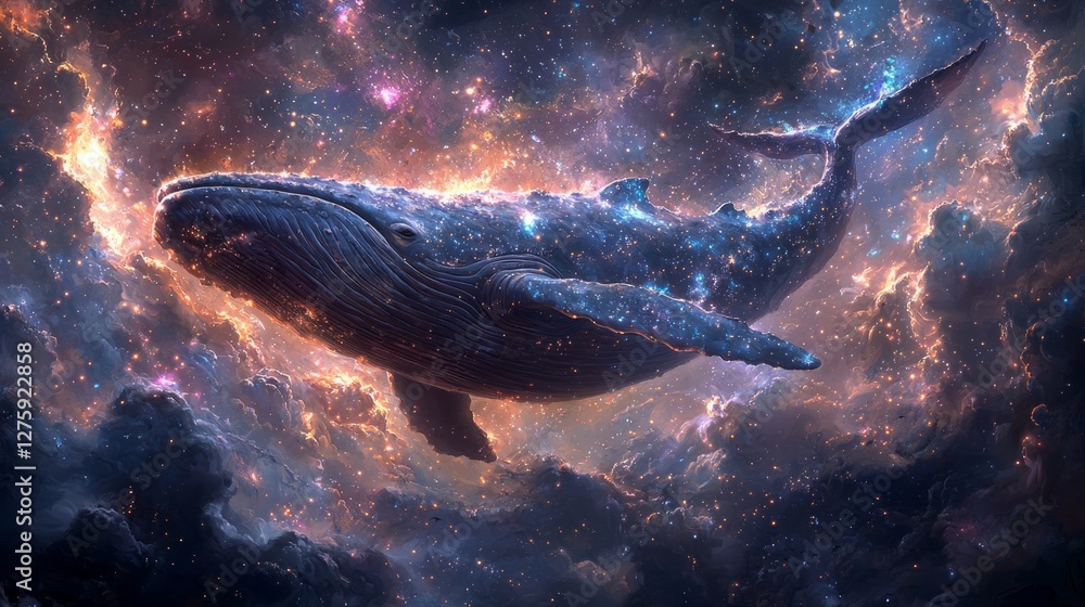 Fototapeta premium A dreamy scene of a giant whale flying through the sky, with stars and nebulae swirling around it, symbolizing wonder and exploration, in deep blues, purples, and sparkling whites