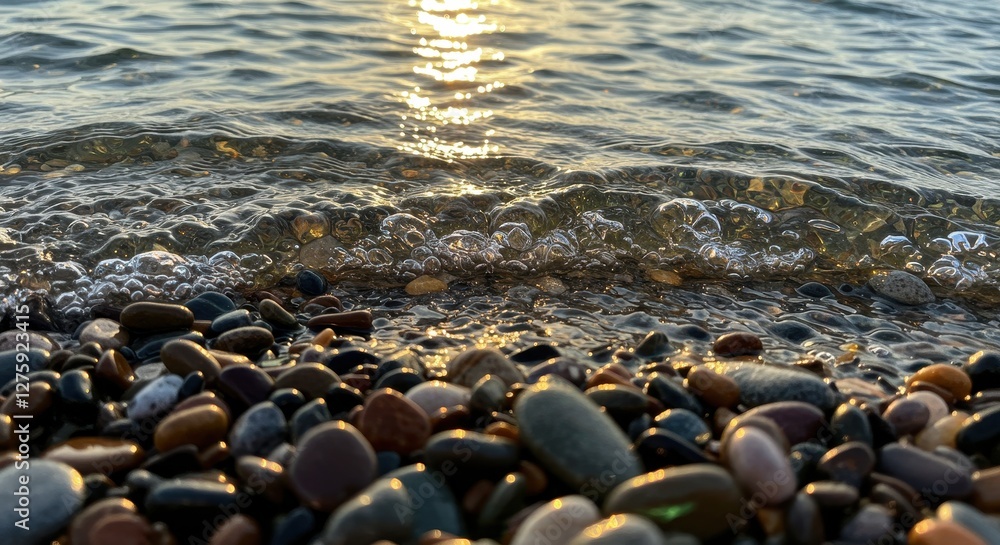 Serene Sunset Shore: Pebbles and Gentle Waves