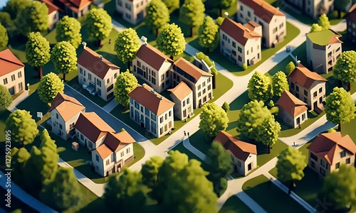Top-down view of a stylized residential area with houses, trees, and streets.