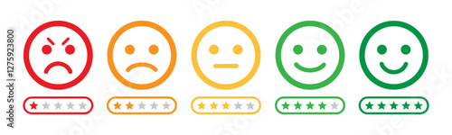 Customer satisfaction feedback rating emoji icon set, five stars sign, bold outline good bad happy sad angry neutral smile gauge expressions reaction service level emoticon - vector illustration.