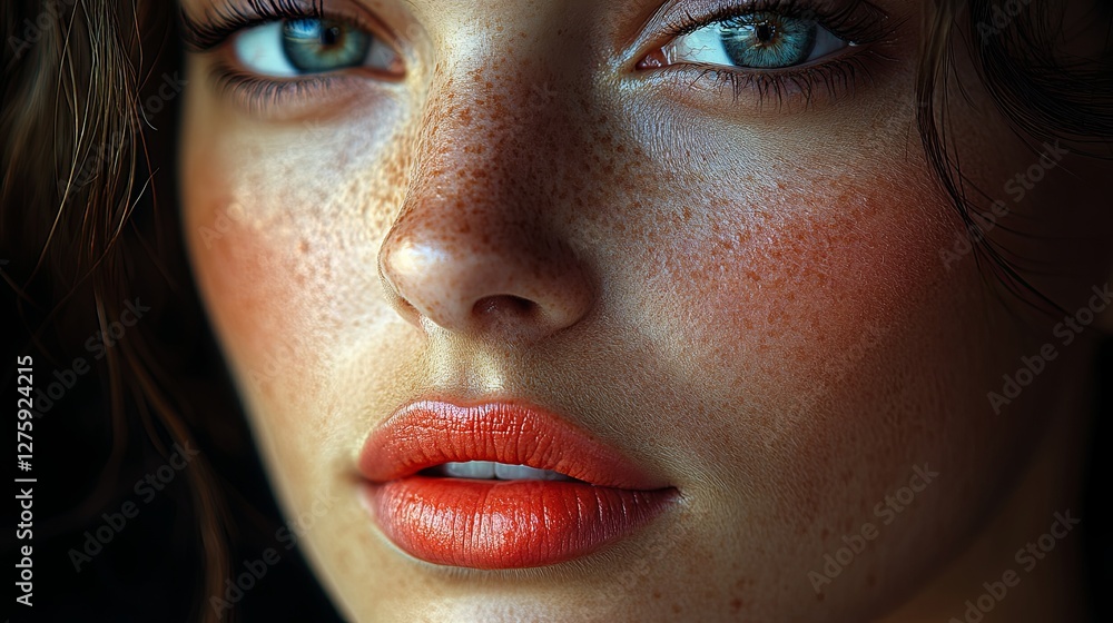 A striking female model with vibrant pink lips, half her face in shadow, exuding bold elegance and mystery. A striking female model with vibrant pink lips, half her face in shadow, exuding bold elegance and mystery.