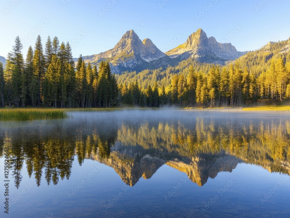 Glass-like lake mirrors towering pine trees beneath gentle morning mist, fostering tranquility and a deep bond with nature's pristine essence. Glass-like lake mirrors towering pine trees beneath gentle morning mist, fostering tranquility and a deep bond with nature's pristine essence.