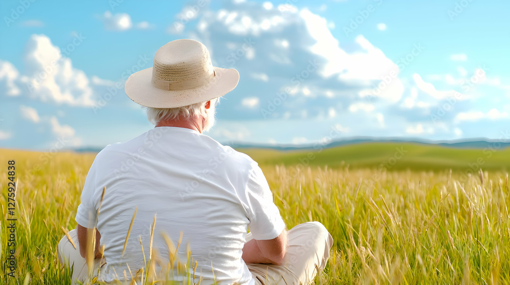 Man meditates in wheat field, scenic view Man meditates in wheat field, scenic view