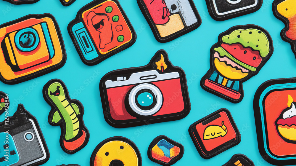 Trendy retro stickers with spaceman, camera, dinosaur and girl. Vector set of contemporary comic badge patches with hamburger and mobile phone. Kitsch art, psychedelic 90s design Trendy retro stickers with spaceman, camera, dinosaur and girl. Vector set of contemporary comic badge patches with hamburger and mobile phone. Kitsch art, psychedelic 90s design
