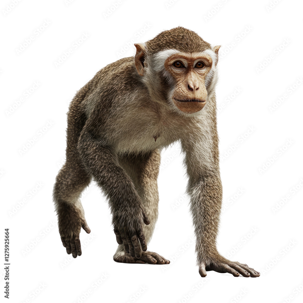 Monkey walking across a forest floor in daylight isolated on png transparent background, cut out