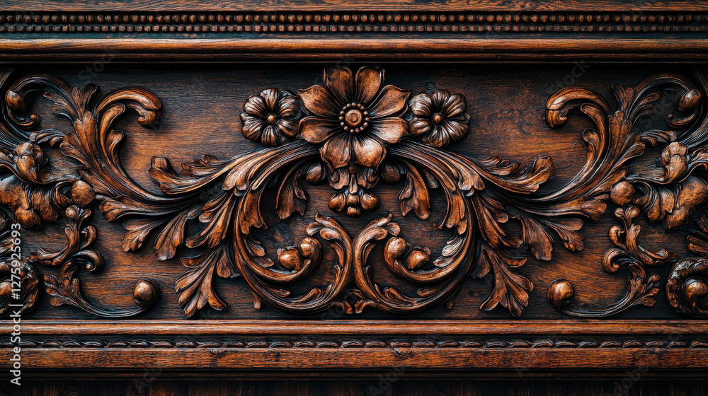 Ornate wood paneling with deep brown shades in vintage interior design Ornate wood paneling with deep brown shades in vintage interior design