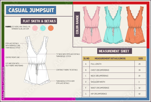 Women V neck Casual Jumpsuit Fashion Tech Pack.
