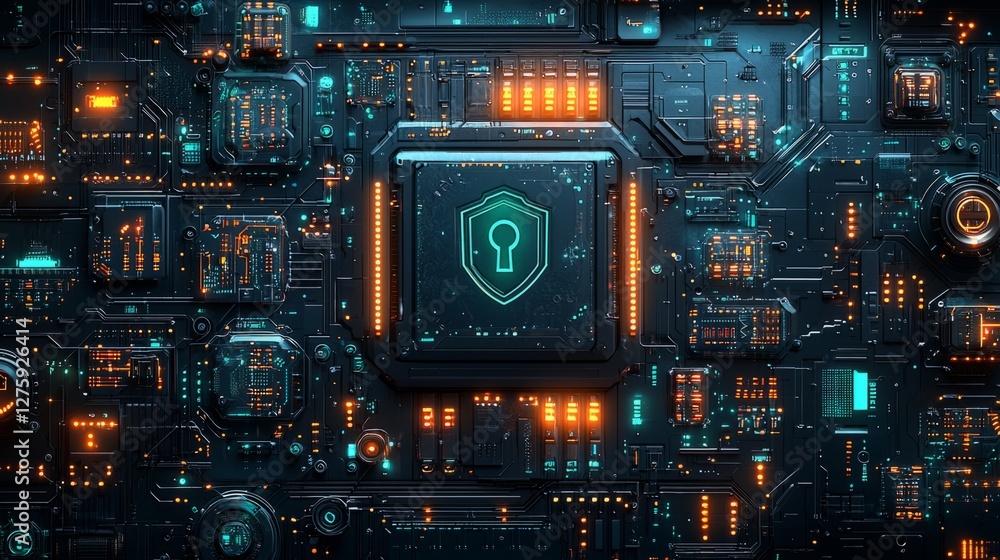 A conceptual design for a cyber insurance company, featuring a lock and shield symbol combined with a digital circuit pattern, using shades A conceptual design for a cyber insurance company, featuring a lock and shield symbol combined with a digital circuit pattern, using shades