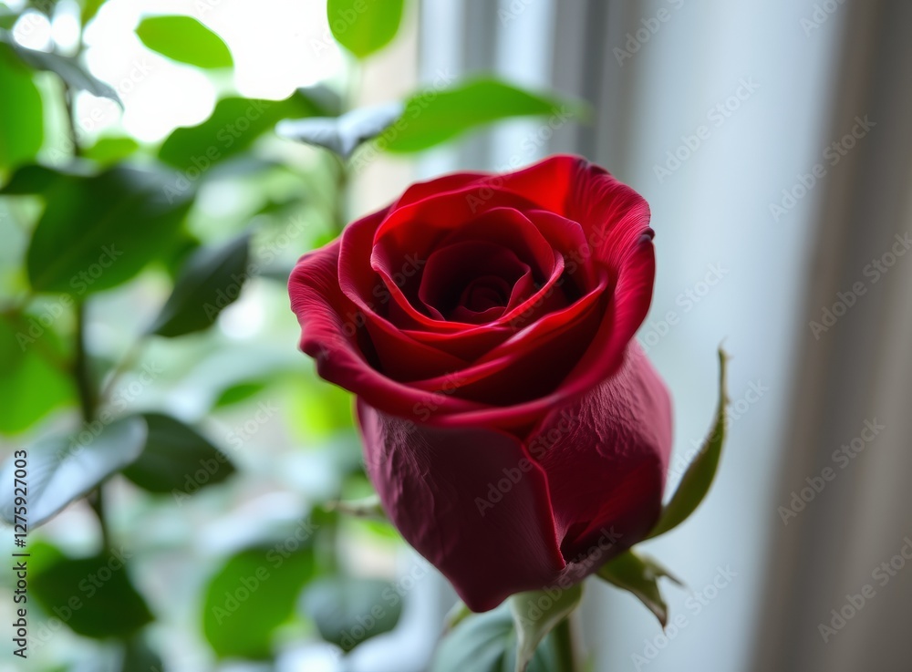 Lush Red Rose Blossom Near Window, Valentine's Day Romance and Anniversary Gift Lush Red Rose Blossom Near Window, Valentine's Day Romance and Anniversary Gift