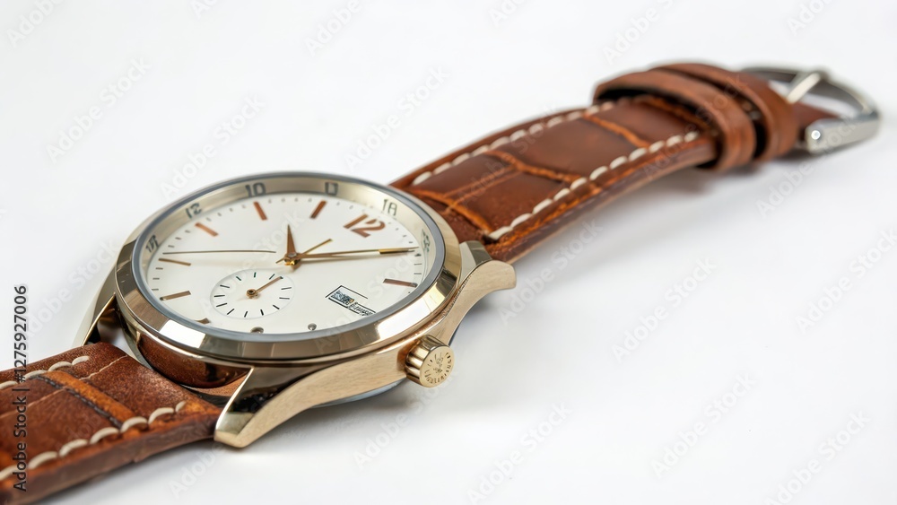 Wristwatch with Brown Leather Strap on White Background Wristwatch with Brown Leather Strap on White Background