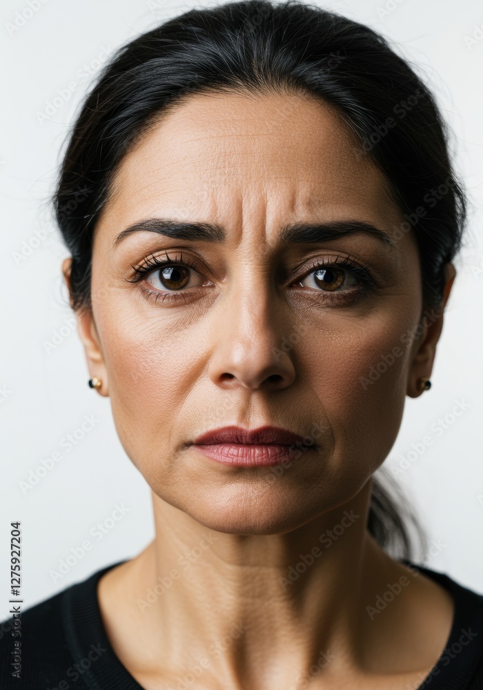Serious Middle Eastern Woman Portrait, Intense Stare, Authentic Expression Serious Middle Eastern Woman Portrait, Intense Stare, Authentic Expression