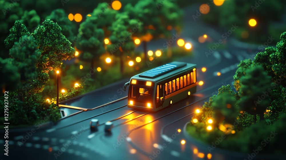 Obraz premium Miniature Solar Bus Traveling Through Park at Night with Lights