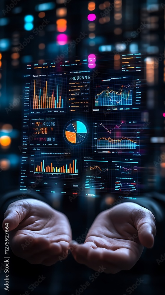 High-quality 3D financial analytics dashboard featuring data visualization elements.