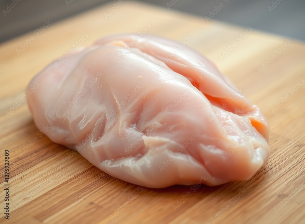 Single Raw Chicken Breast on a Wooden Board, Prepared for Cooking and Meal Prep Single Raw Chicken Breast on a Wooden Board, Prepared for Cooking and Meal Prep
