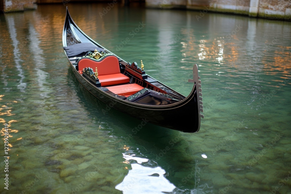 A sleek gondola floats serenely on calm waters, showcasing elegant design and vibrant seating within a picturesque setting. A sleek gondola floats serenely on calm waters, showcasing elegant design and vibrant seating within a picturesque setting.