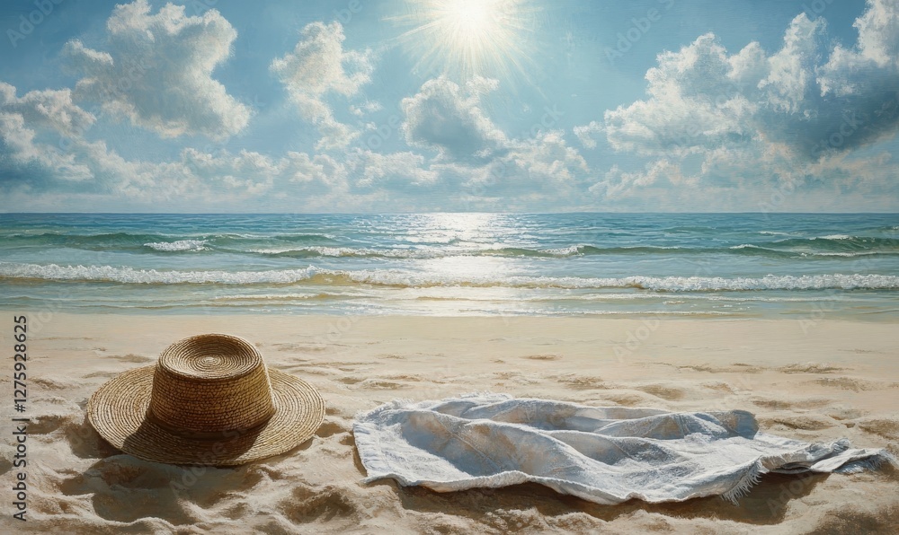 Beach scene with hat towel and bright sunshine on waves. Beach scene with hat towel and bright sunshine on waves.