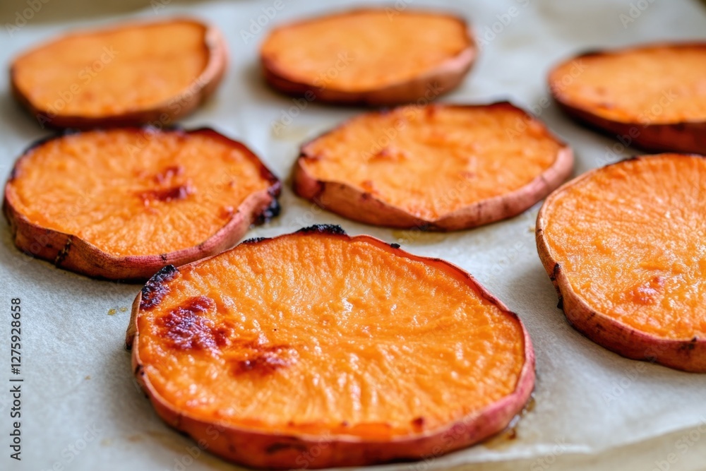 Freshly baked sweet potato slices arranged on a baking sheet Freshly baked sweet potato slices arranged on a baking sheet