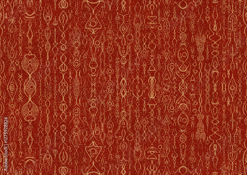 Wallpaper Mural Hand-drawn unique abstract symmetrical seamless gold ornament with splatters of golden glitter on a bright red background. Paper texture. Digital artwork, A4. (pattern: p14a) Torontodigital.ca