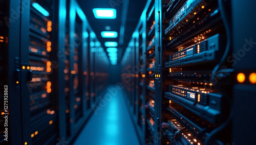 a long hallway with rows of servers