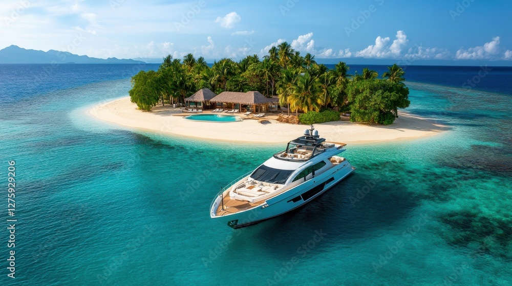 A luxurious yacht anchored near a tropical island, surrounded by crystal-clear waters and lush greenery under a bright blue sky. A luxurious yacht anchored near a tropical island, surrounded by crystal-clear waters and lush greenery under a bright blue sky.
