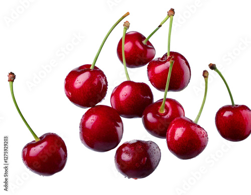Cherries floating or falling in mid-air, captured with studio professional lighting on a clean white background, showcasing high-quality, realistic details of fresh cherries in motion.

