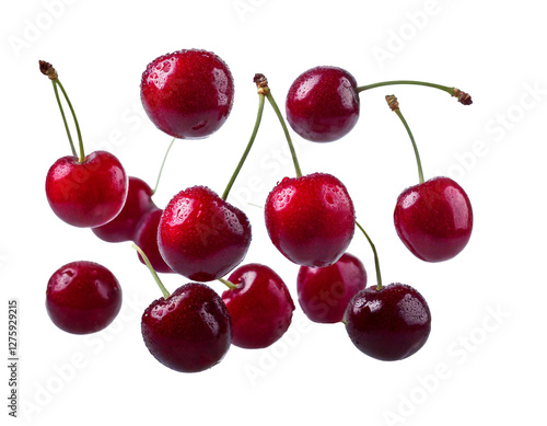 Cherries floating or falling in mid-air, captured with studio professional lighting on a clean white background, showcasing high-quality, realistic details of fresh cherries in motion.

