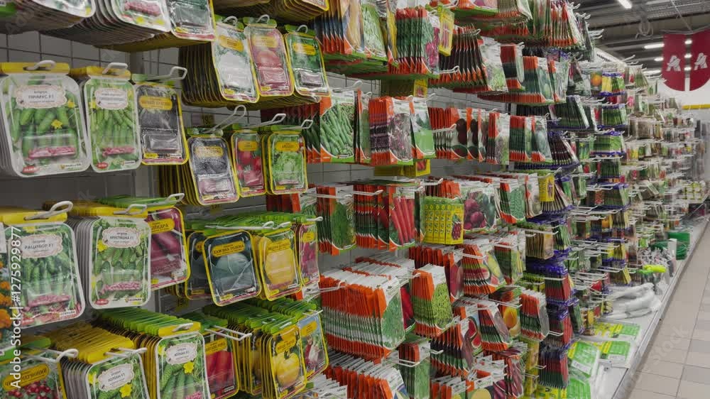 Flower and plant seeds: vegetables and fruits in the supermarket. Sale of plants, flowers, seeds, fertilizers, everything for the garden. A variety of seeds in bags Flower and plant seeds: vegetables and fruits in the supermarket. Sale of plants, flowers, seeds, fertilizers, everything for the garden. A variety of seeds in bags