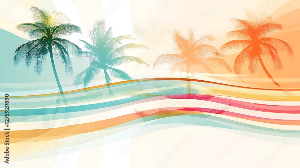 Tropical beach sunset, palm trees, ocean waves, summer vacation design Tropical beach sunset, palm trees, ocean waves, summer vacation design