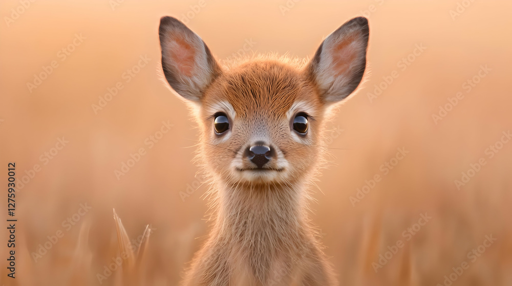 Fawn portrait, golden field, sunset, wildlife Fawn portrait, golden field, sunset, wildlife