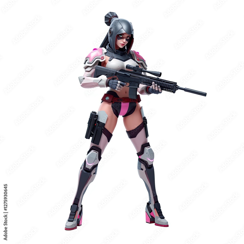 Futuristic Female Soldier Posing with Assault Rifle Futuristic Female Soldier Posing with Assault Rifle