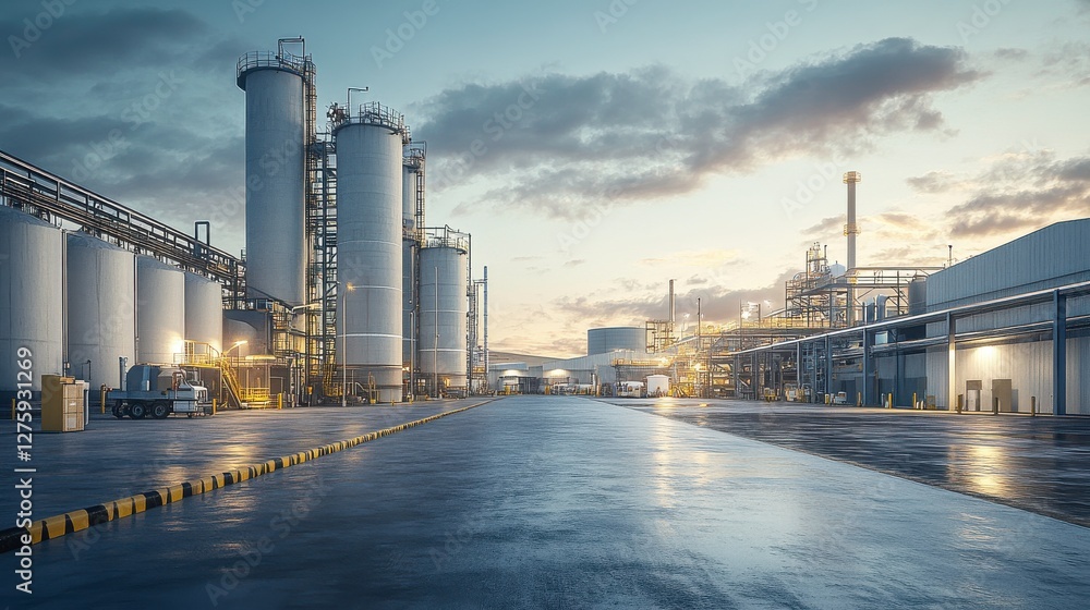 A sprawling industrial facility at dawn, showcasing large silos, pipelines, and a reflective wet surface under a moody sky. A sprawling industrial facility at dawn, showcasing large silos, pipelines, and a reflective wet surface under a moody sky.