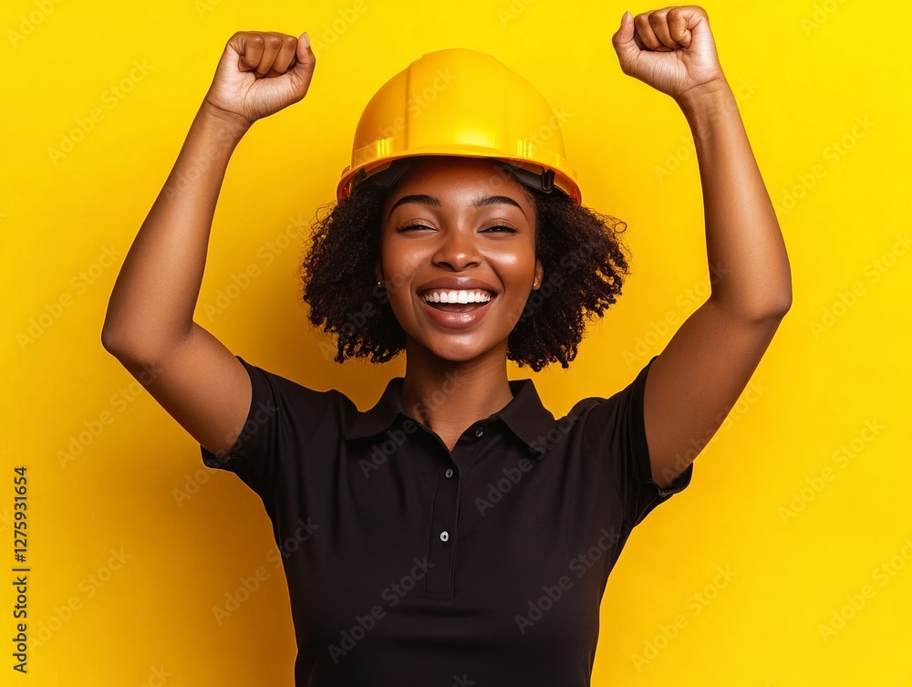 Empowered Woman in a Yellow Hard Hat - Celebrating Success and Achievement Empowered Woman in a Yellow Hard Hat - Celebrating Success and Achievement